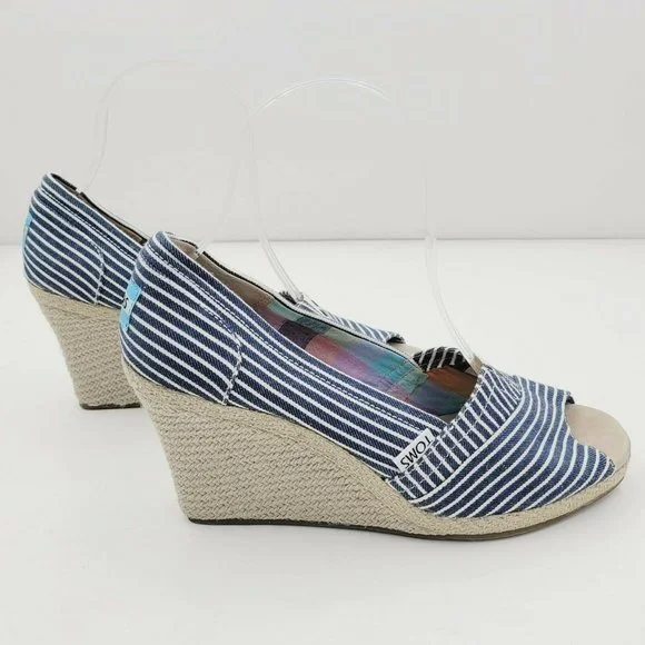 Toms Blue Striped Peep Toe Espadrille Wedge Sandal Size 7.5 - Picture 3 of 8